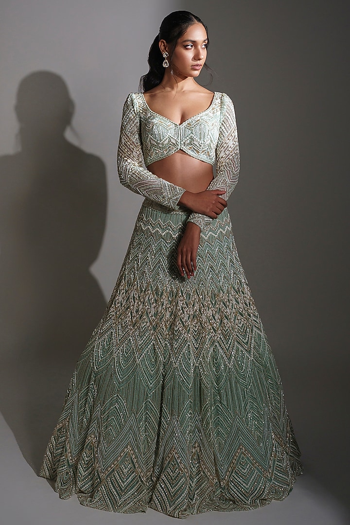 Aqua Double Georgette Bridal Lehenga Set by Ritika Mirchandani at Pernia's Pop Up Shop