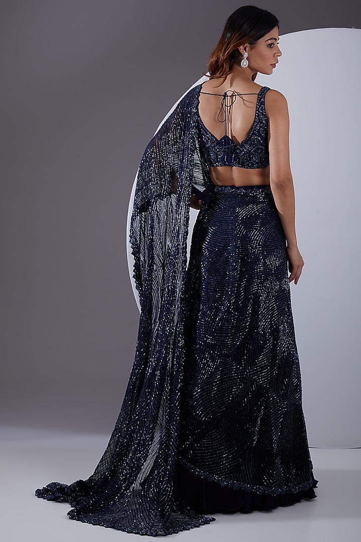 Navy Blue Crepe Silk & Net Hand Embroidered Reception Lehenga Saree Set by Ritika Mirchandani at Pernia's Pop Up Shop
