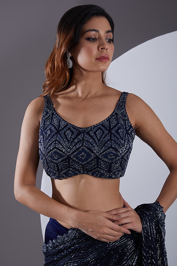 Navy Blue Crepe Silk & Net Hand Embroidered Reception Lehenga Saree Set by Ritika Mirchandani at Pernia's Pop Up Shop