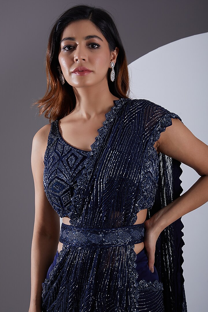 Navy Blue Crepe Silk & Net Hand Embroidered Reception Lehenga Saree Set by Ritika Mirchandani at Pernia's Pop Up Shop