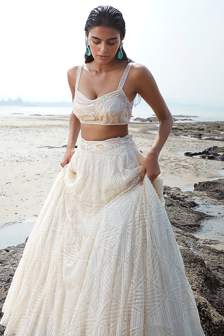 Ivory Crepe Embroidered Bridal Lehenga Set by Ritika Mirchandani at Pernia's Pop Up Shop