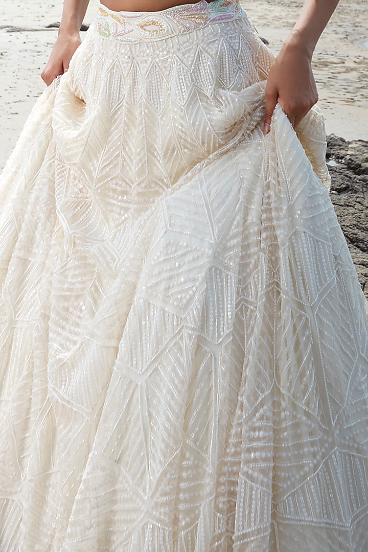 Ivory Crepe Embroidered Bridal Lehenga Set by Ritika Mirchandani at Pernia's Pop Up Shop