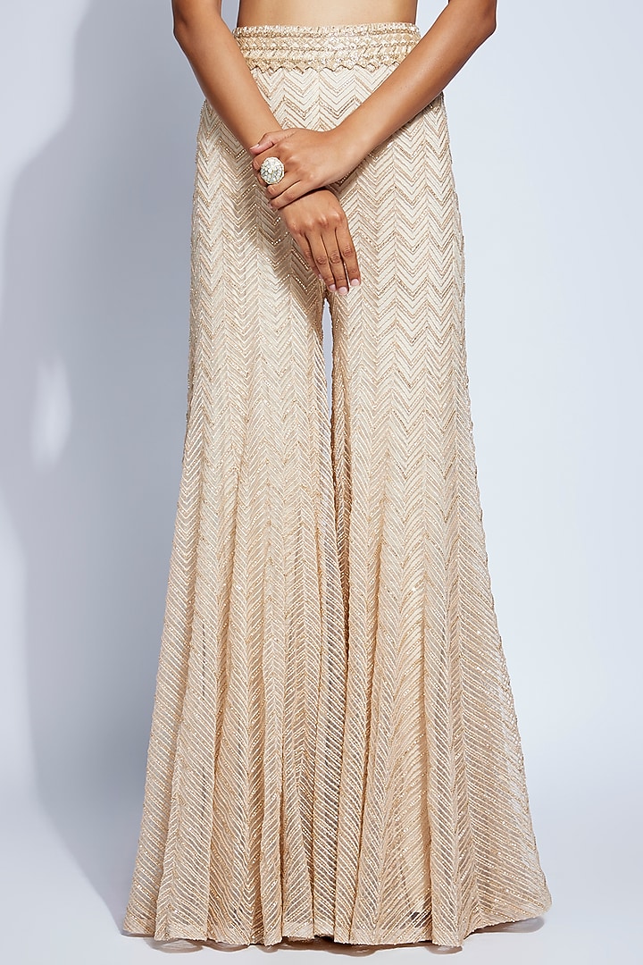 Beige Double Georgette Hand Embroidered Bridal Sharara Set by Ritika Mirchandani at Pernia's Pop Up Shop