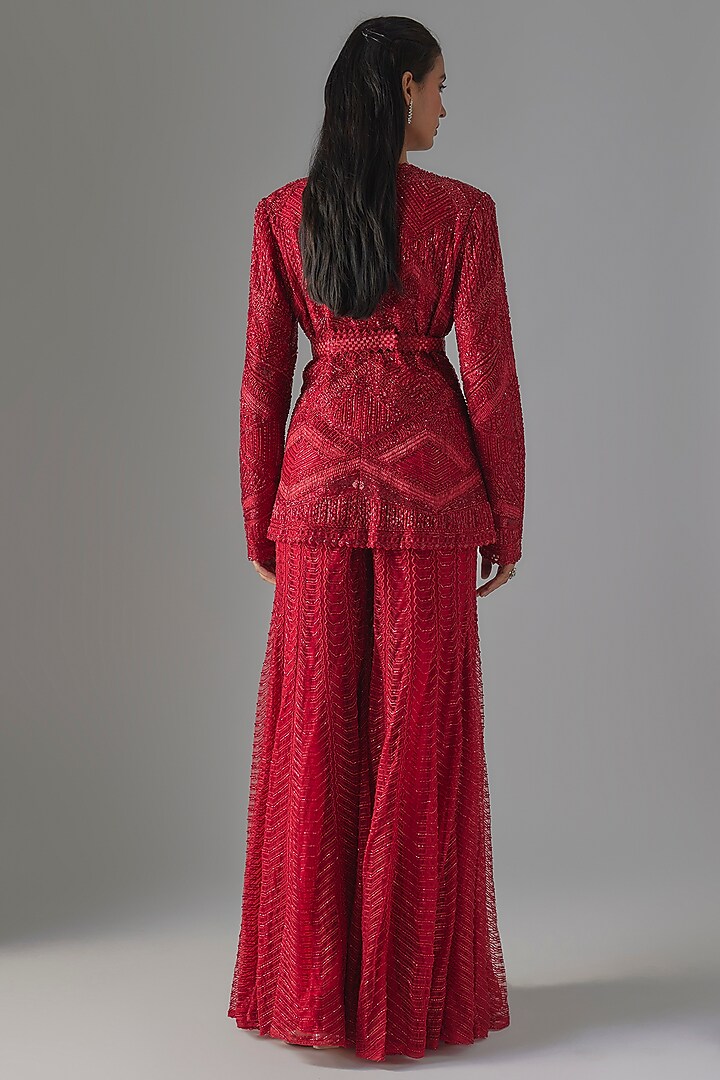 Red Crepe & Double Georgette Crystal Embroidered Bridal Sharara Set by Ritika Mirchandani at Pernia's Pop Up Shop