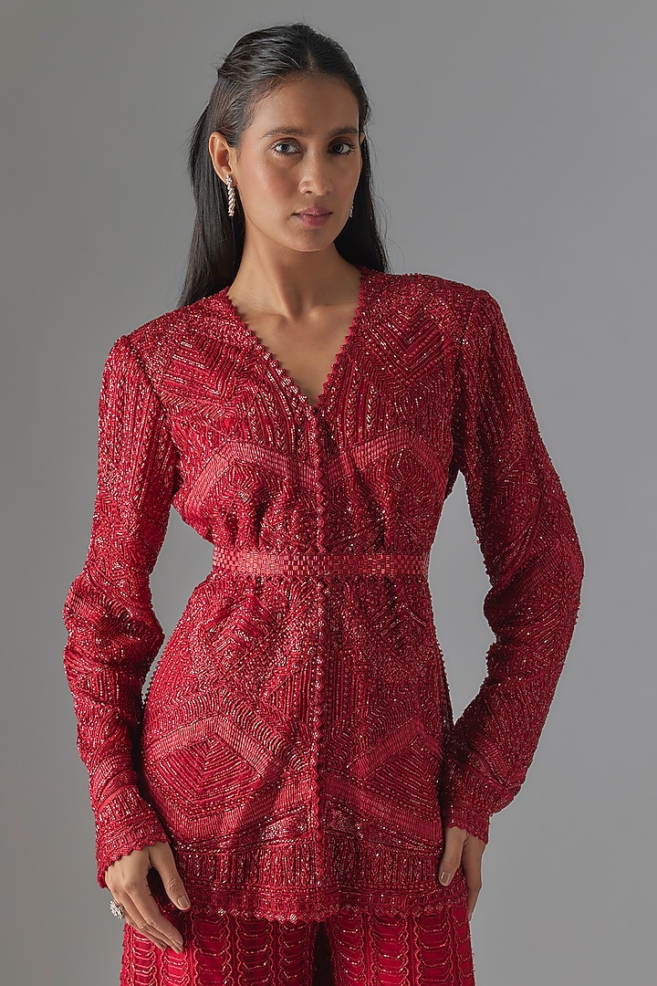 Red Crepe & Double Georgette Crystal Embroidered Bridal Sharara Set by Ritika Mirchandani at Pernia's Pop Up Shop