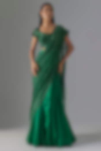 Green Crepe & Double Georgette Crystal Bugle Embroidered Bridal Lehenga Saree Set by Ritika Mirchandani at Pernia's Pop Up Shop