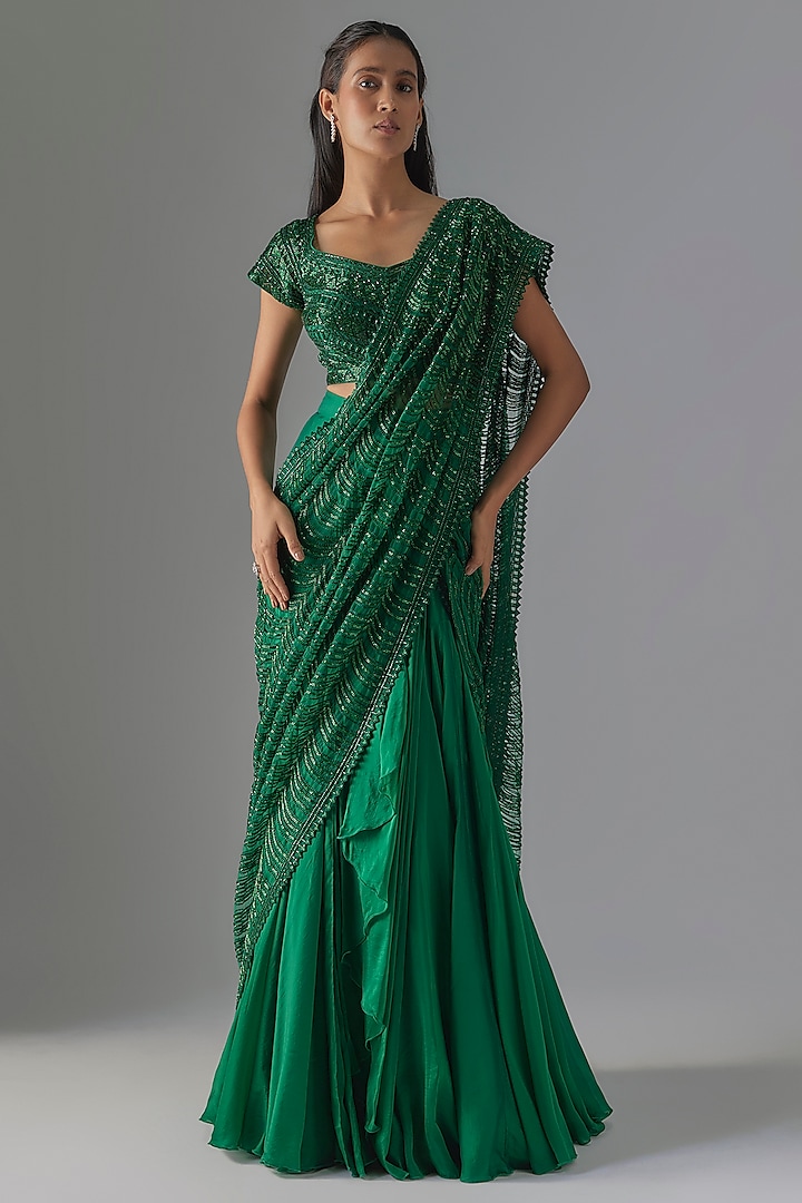 Green Crepe & Double Georgette Crystal Bugle Embroidered Bridal Lehenga Saree Set by Ritika Mirchandani at Pernia's Pop Up Shop