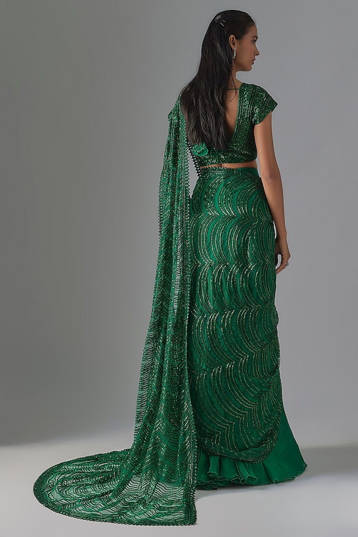 Green Crepe & Double Georgette Crystal Bugle Embroidered Bridal Lehenga Saree Set by Ritika Mirchandani at Pernia's Pop Up Shop