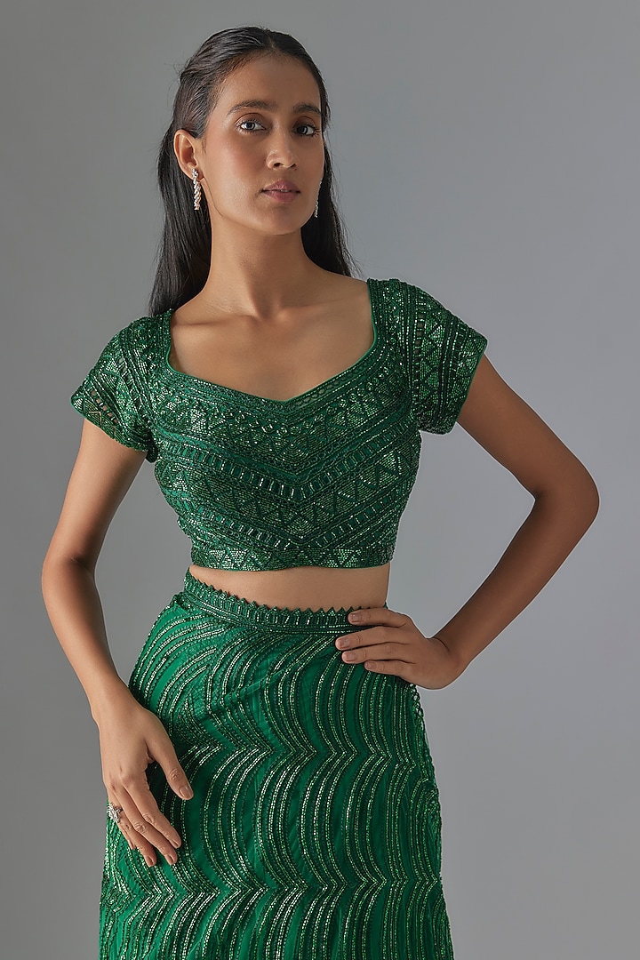 Green Crepe & Double Georgette Crystal Bugle Embroidered Bridal Lehenga Saree Set by Ritika Mirchandani at Pernia's Pop Up Shop