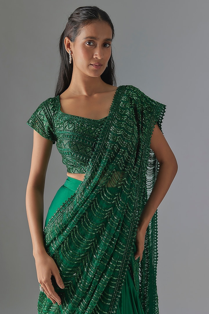 Green Crepe & Double Georgette Crystal Bugle Embroidered Bridal Lehenga Saree Set by Ritika Mirchandani at Pernia's Pop Up Shop