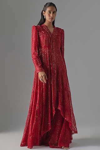 Red Crepe & Crepe Beadwork High-Low Anarkali Set Set by Ritika Mirchandani