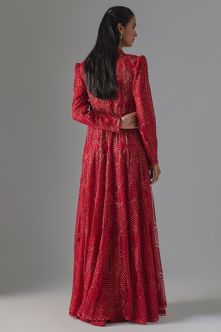 Red Crepe & Crepe Beadwork High-Low Bridal Anarkali Set Set by Ritika Mirchandani at Pernia's Pop Up Shop
