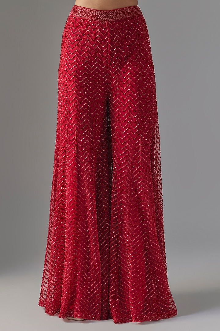 Red Crepe & Crepe Beadwork High-Low Bridal Anarkali Set Set by Ritika Mirchandani at Pernia's Pop Up Shop