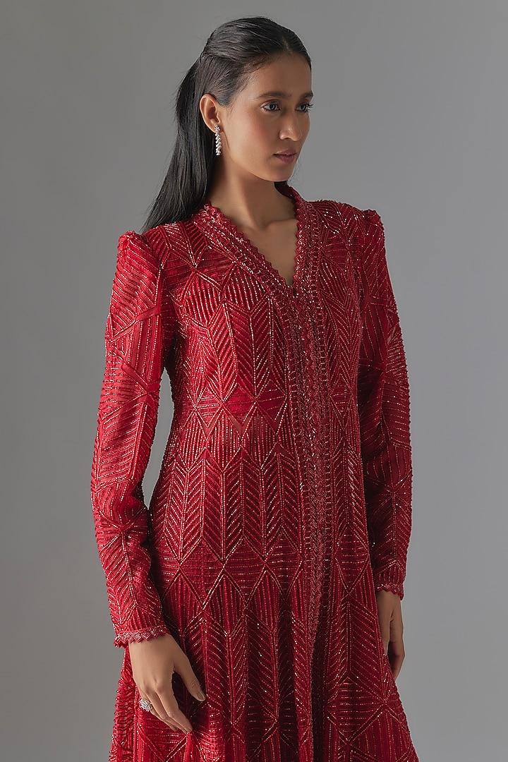Red Crepe & Crepe Beadwork High-Low Bridal Anarkali Set Set by Ritika Mirchandani at Pernia's Pop Up Shop