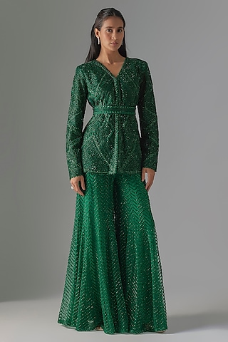 Green Crepe & Double Georgette Cutwork Embroidered Kurta Set by Ritika Mirchandani