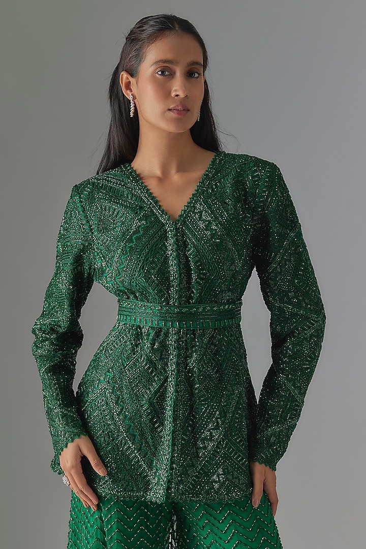 Green Crepe & Double Georgette Cutwork Embroidered Kurta Set by Ritika Mirchandani at Pernia's Pop Up Shop
