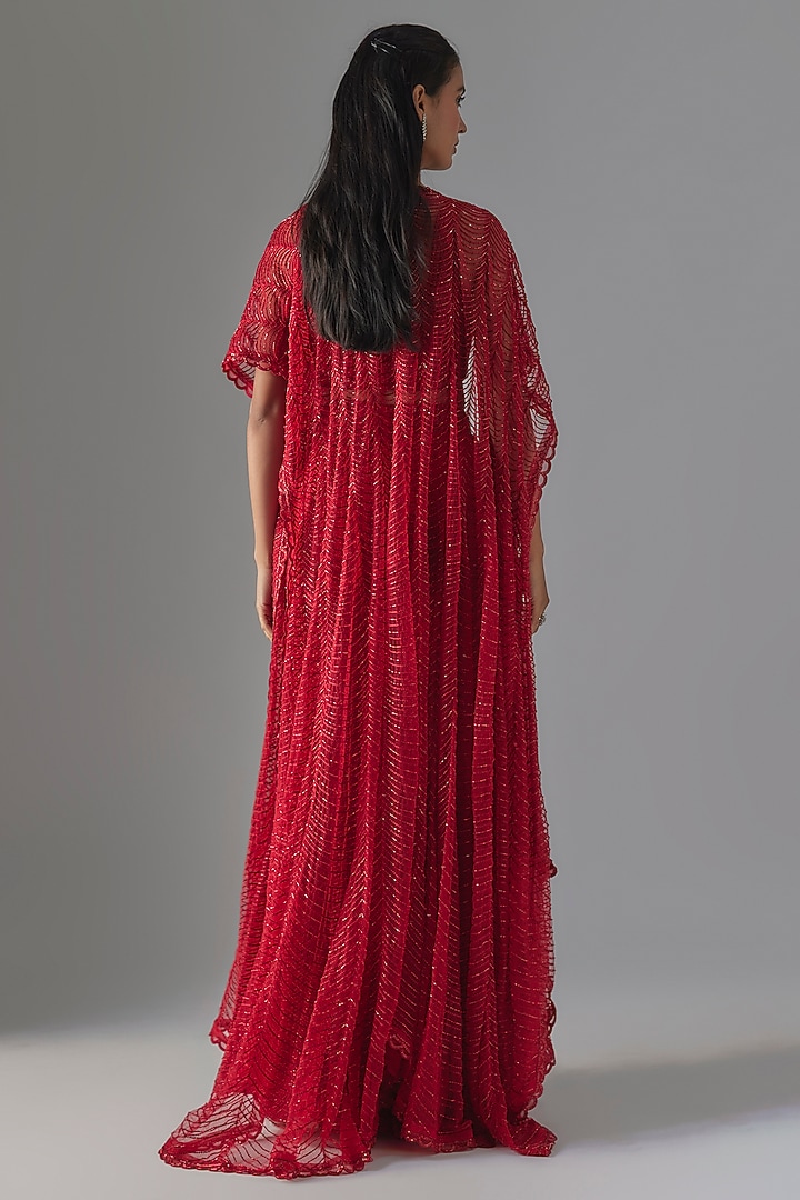 Red Net & Double Georgette Crystal Bugle Embroidered Cape Set by Ritika Mirchandani at Pernia's Pop Up Shop