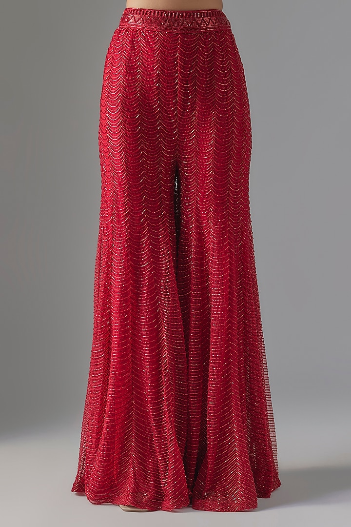 Red Net & Double Georgette Crystal Bugle Embroidered Cape Set by Ritika Mirchandani at Pernia's Pop Up Shop