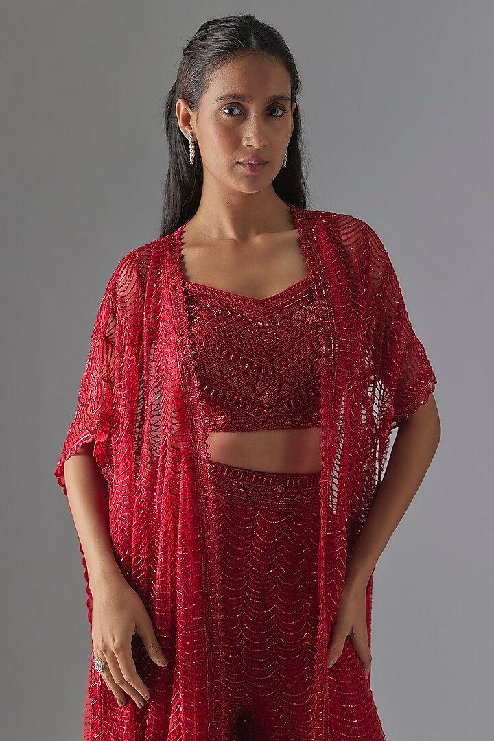 Red Net & Double Georgette Crystal Bugle Embroidered Cape Set by Ritika Mirchandani at Pernia's Pop Up Shop