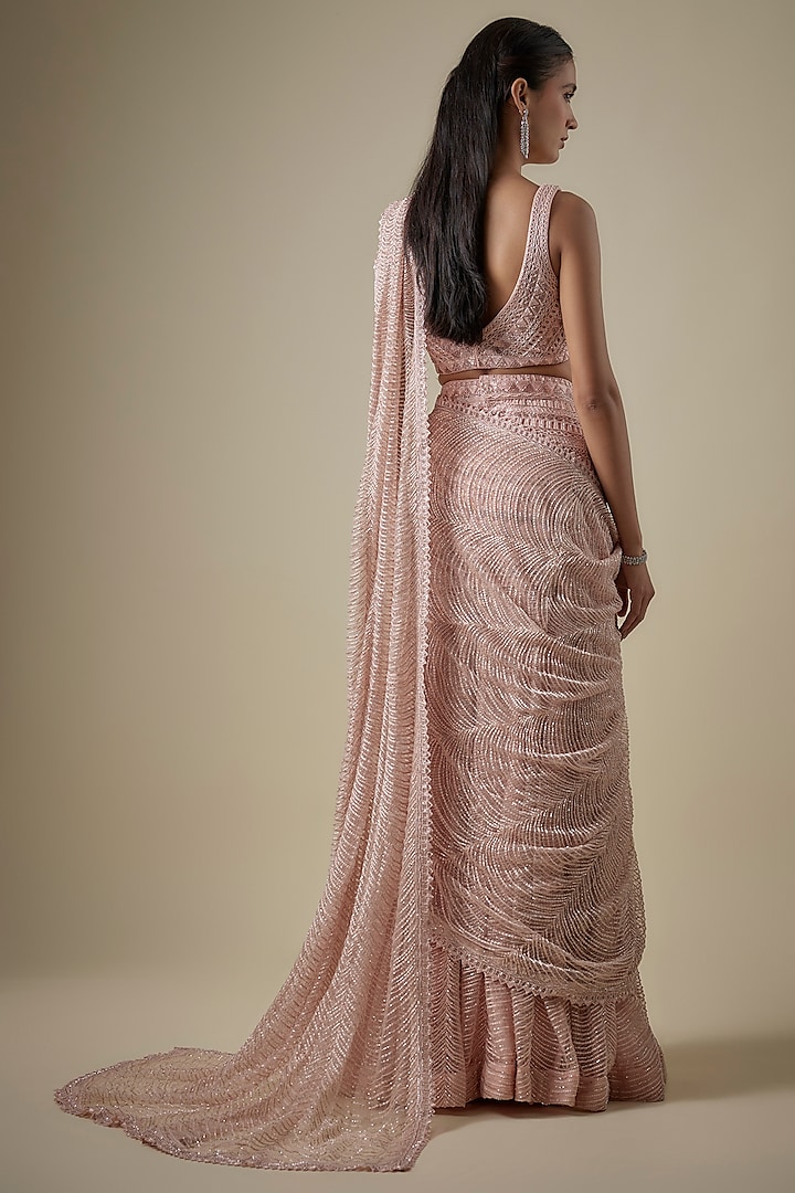 Rose Pink Net Thread Embroidered Slit Bridal Lehenga Saree Saree Set by Ritika Mirchandani at Pernia's Pop Up Shop