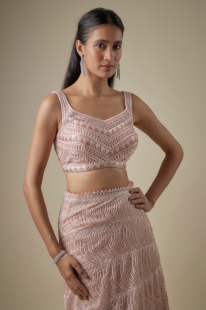 Rose Pink Net Thread Embroidered Slit Bridal Lehenga Saree Saree Set by Ritika Mirchandani at Pernia's Pop Up Shop