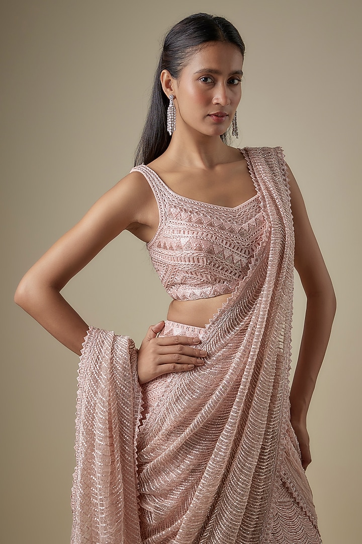 Rose Pink Net Thread Embroidered Slit Bridal Lehenga Saree Saree Set by Ritika Mirchandani at Pernia's Pop Up Shop