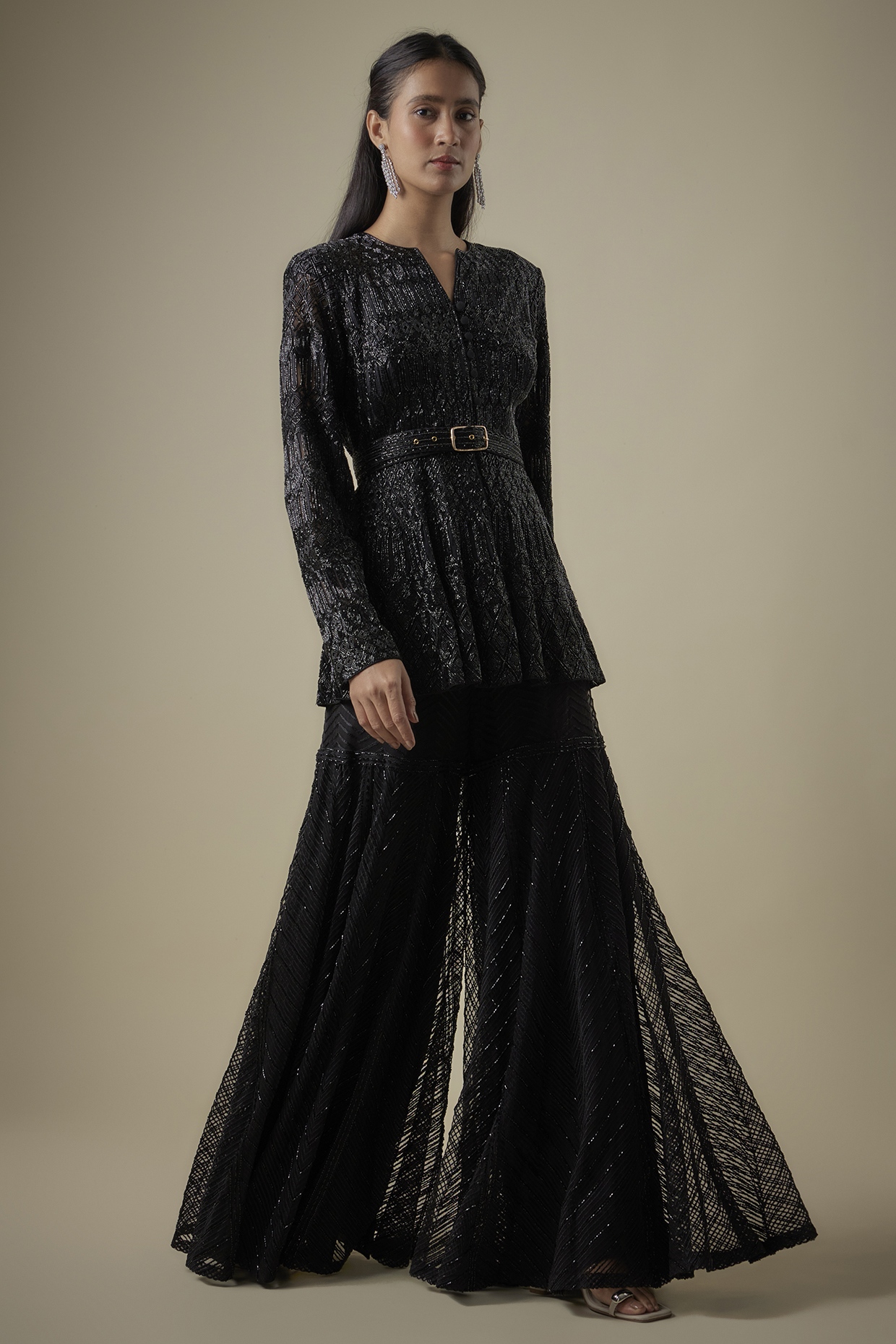 Black Crepe Silk & Net Bead Embroidered Bridal Sharara Set by Ritika Mirchandani at Pernia's Pop Up Shop