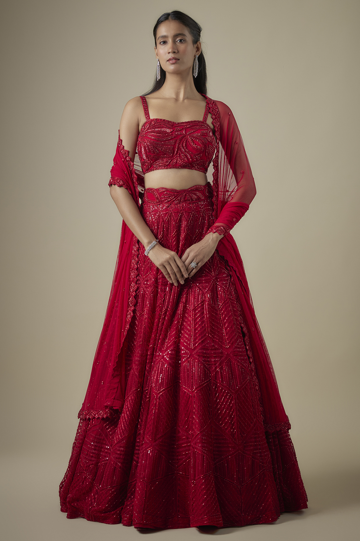 Red Net & Double Georgette Embroidered Bridal Lehenga Set by Ritika Mirchandani at Pernia's Pop Up Shop