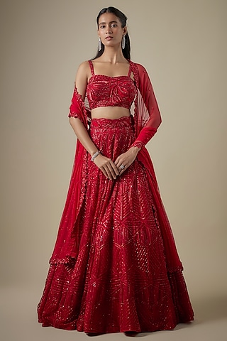 Red Net & Double Georgette Embroidered Lehenga Set by Ritika Mirchandani
