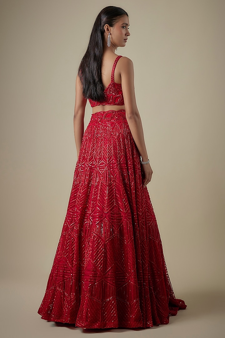 Red Net & Double Georgette Embroidered Bridal Lehenga Set by Ritika Mirchandani at Pernia's Pop Up Shop