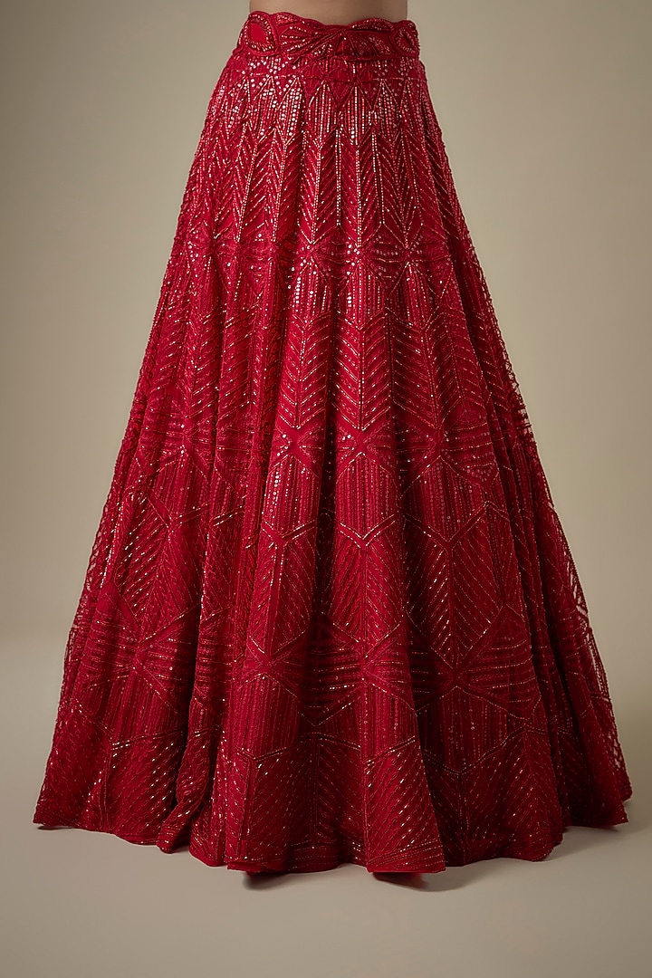 Red Net & Double Georgette Embroidered Bridal Lehenga Set by Ritika Mirchandani at Pernia's Pop Up Shop