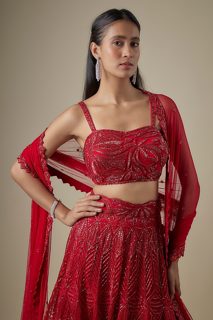 Red Net & Double Georgette Embroidered Bridal Lehenga Set by Ritika Mirchandani at Pernia's Pop Up Shop