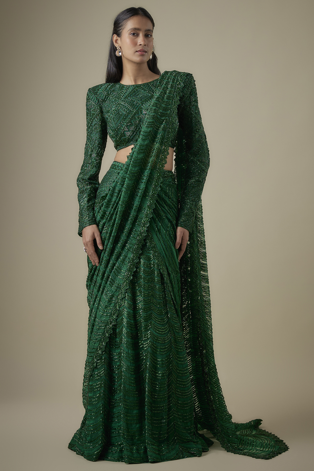 Emerald Green Net Bugle Embroidered Bridal Lehenga Saree Set by Ritika Mirchandani at Pernia's Pop Up Shop
