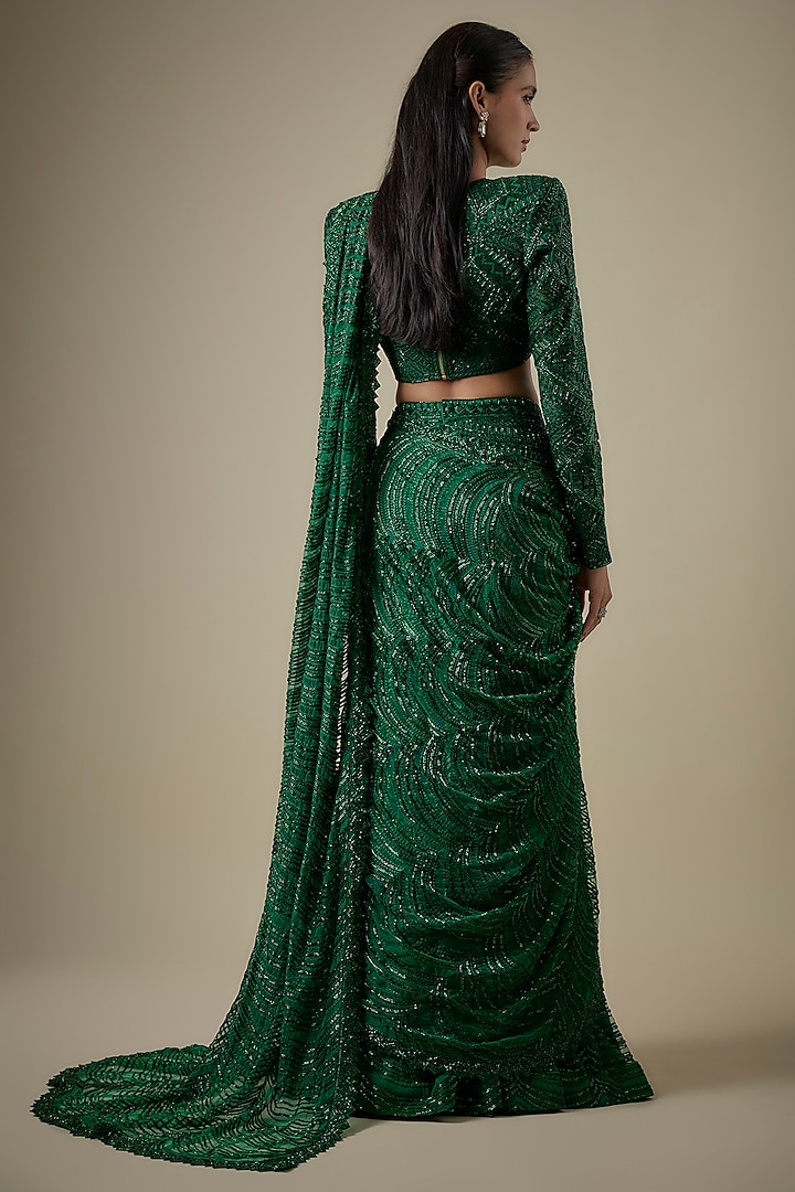 Emerald Green Net Bugle Embroidered Bridal Lehenga Saree Set by Ritika Mirchandani at Pernia's Pop Up Shop