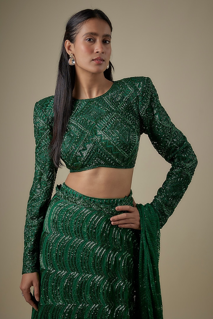Emerald Green Net Bugle Embroidered Bridal Lehenga Saree Set by Ritika Mirchandani at Pernia's Pop Up Shop