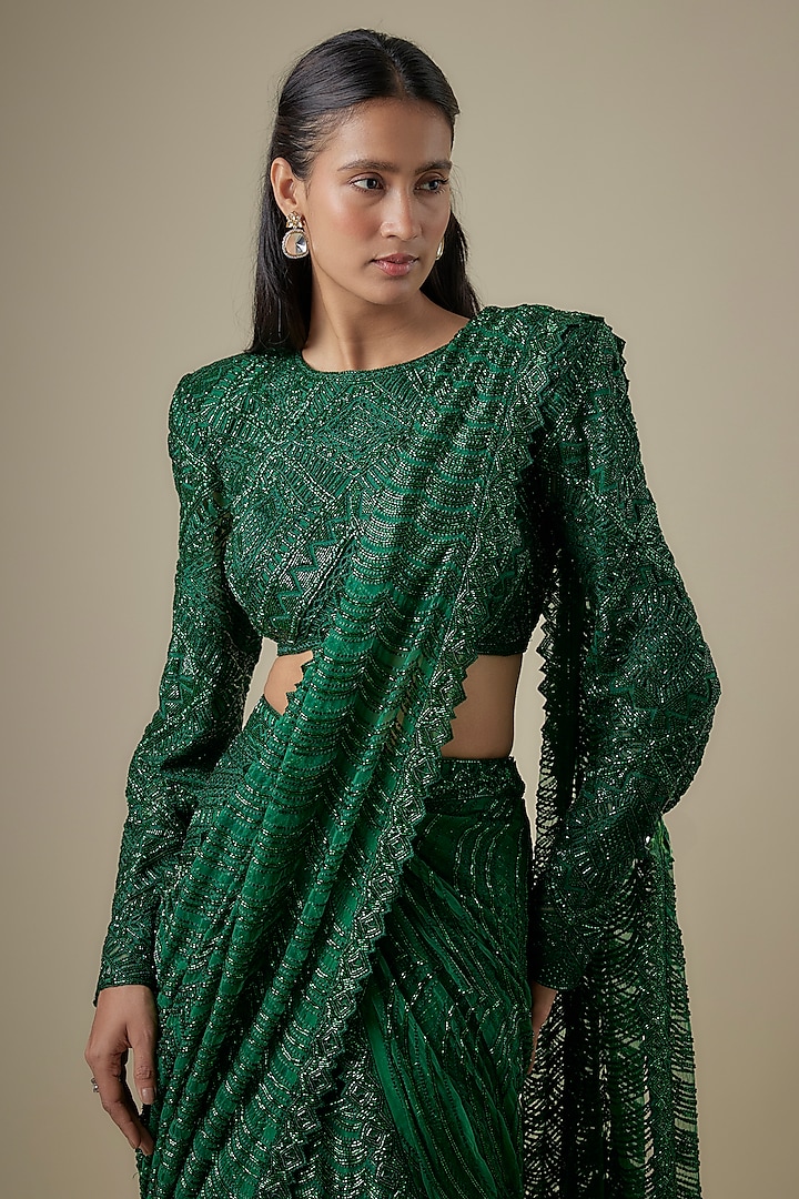 Emerald Green Net Bugle Embroidered Bridal Lehenga Saree Set by Ritika Mirchandani at Pernia's Pop Up Shop