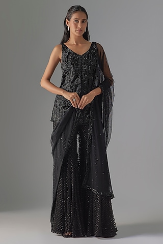 Black Net & Crepe Beadwork Kurta Set by Ritika Mirchandani