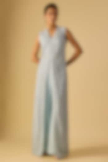 Ice Blue Crepe Crystal Embroidered Long Jacket Set by Ritika Mirchandani at Pernia's Pop Up Shop