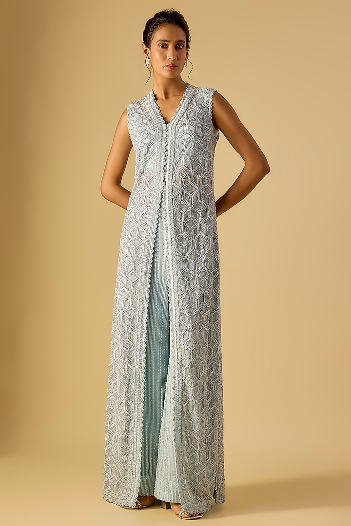 Ice Blue Crepe Crystal Embroidered Long Jacket Set by Ritika Mirchandani at Pernia's Pop Up Shop