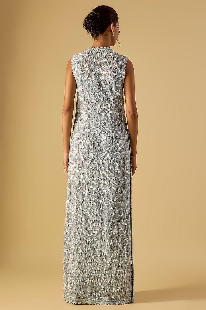 Ice Blue Crepe Crystal Embroidered Long Jacket Set by Ritika Mirchandani at Pernia's Pop Up Shop