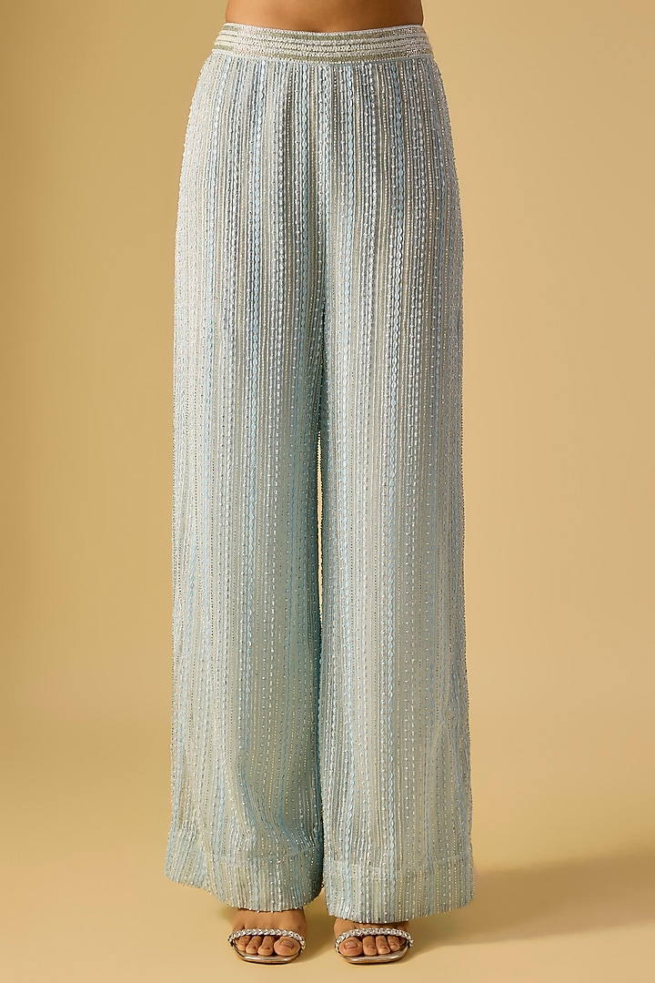 Ice Blue Crepe Crystal Embroidered Long Jacket Set by Ritika Mirchandani at Pernia's Pop Up Shop