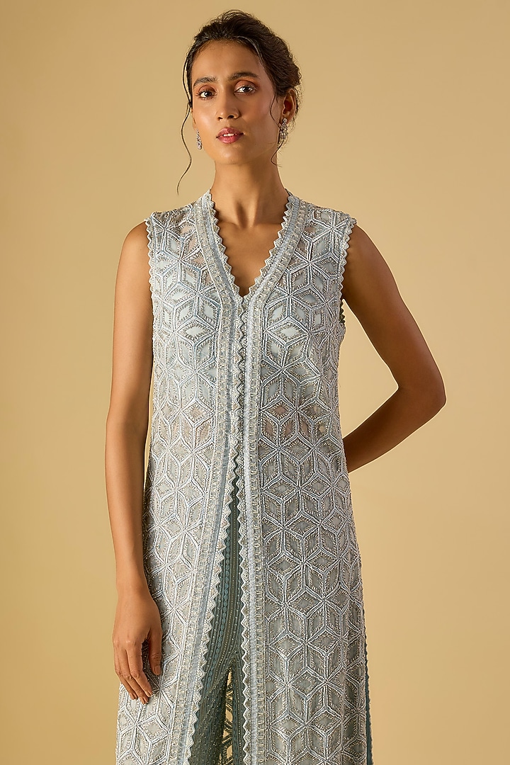 Ice Blue Crepe Crystal Embroidered Long Jacket Set by Ritika Mirchandani at Pernia's Pop Up Shop