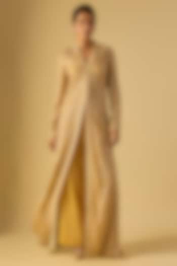 Yellow Crepe Crystal Embroidered Long Jacket Set by Ritika Mirchandani at Pernia's Pop Up Shop
