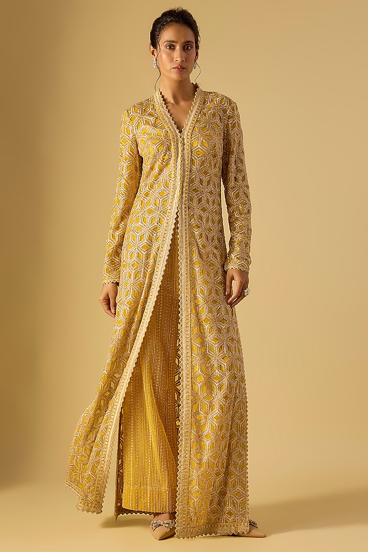 Yellow Crepe Crystal Embroidered Long Jacket Set by Ritika Mirchandani at Pernia's Pop Up Shop