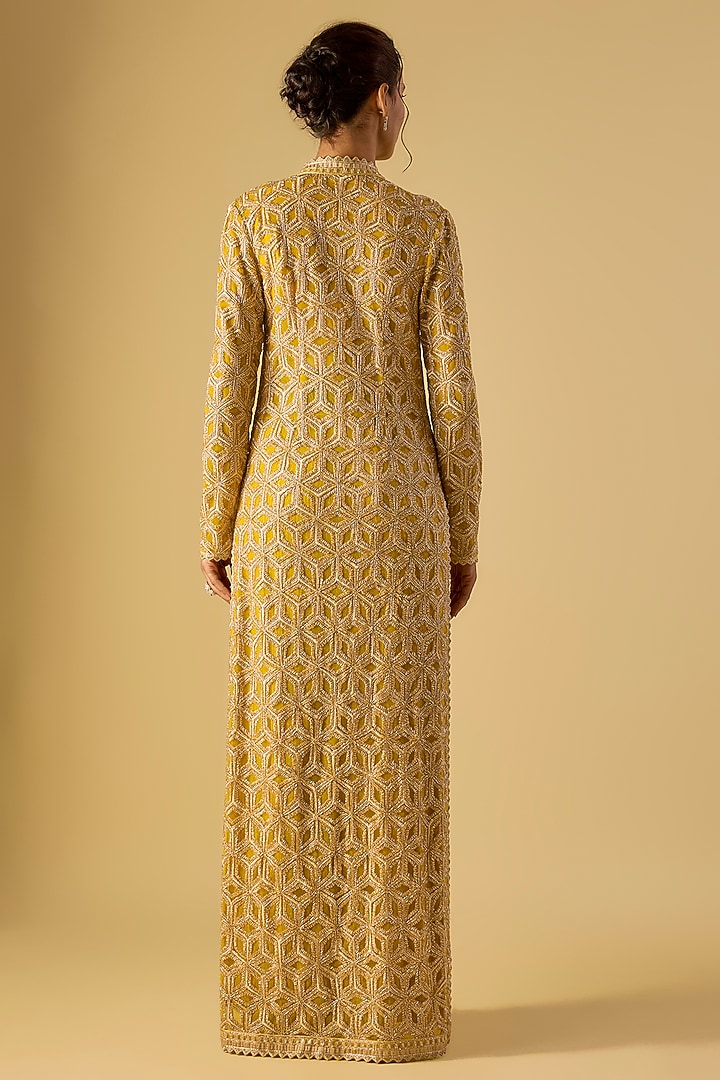 Yellow Crepe Crystal Embroidered Long Jacket Set by Ritika Mirchandani at Pernia's Pop Up Shop