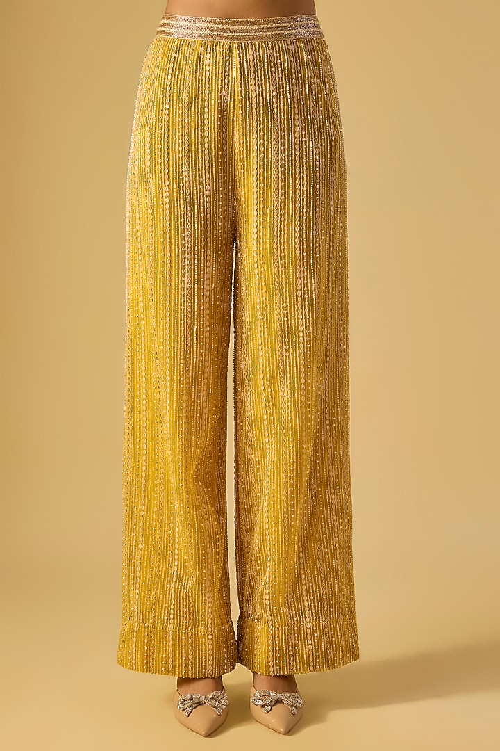 Yellow Crepe Crystal Embroidered Long Jacket Set by Ritika Mirchandani at Pernia's Pop Up Shop