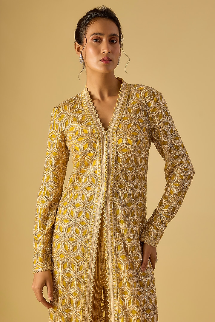 Yellow Crepe Crystal Embroidered Long Jacket Set by Ritika Mirchandani at Pernia's Pop Up Shop