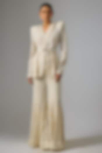 Ivory Double Georgette Linear Artwork Bridal Sharara Set by Ritika Mirchandani at Pernia's Pop Up Shop
