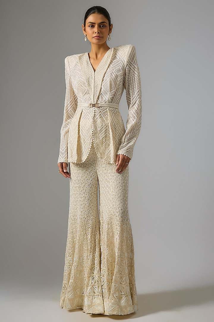 Ivory Double Georgette Linear Artwork Bridal Sharara Set by Ritika Mirchandani at Pernia's Pop Up Shop