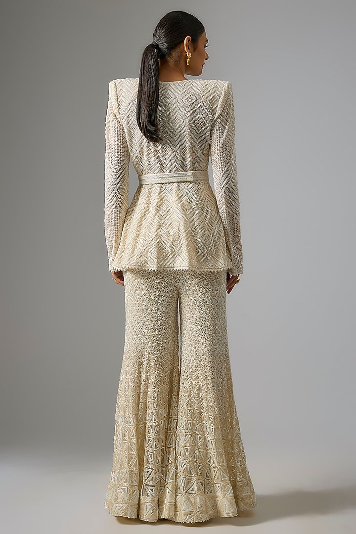 Ivory Double Georgette Linear Artwork Bridal Sharara Set by Ritika Mirchandani at Pernia's Pop Up Shop